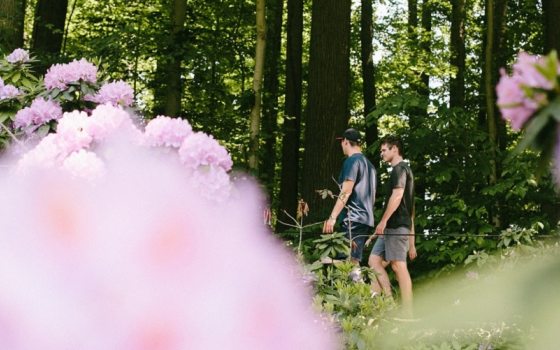 two people walking outdoors among pink blooming shrubs