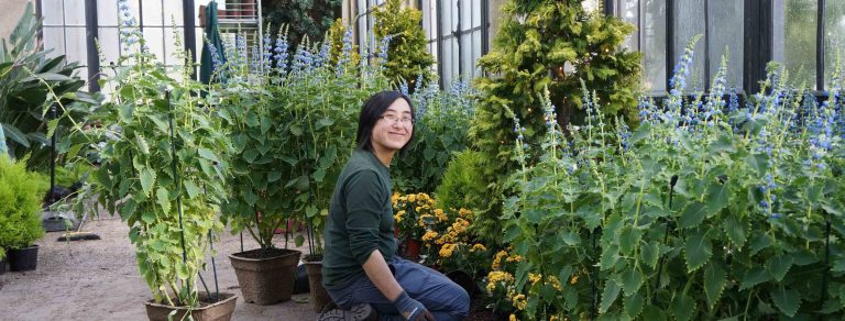 an adult looks at the camera in the Conservatory while changing out plants