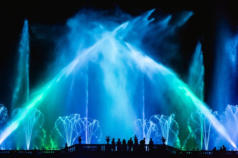 a group of people stand in silhouette in front of towering jets of water illuminated in shades of blue and green