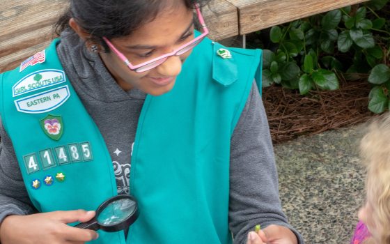 A child with a magnifying glass holding a petal in their hands. 