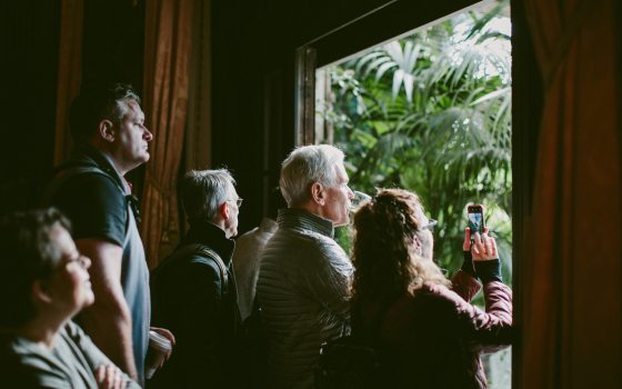 a group of people look out a window into a garden