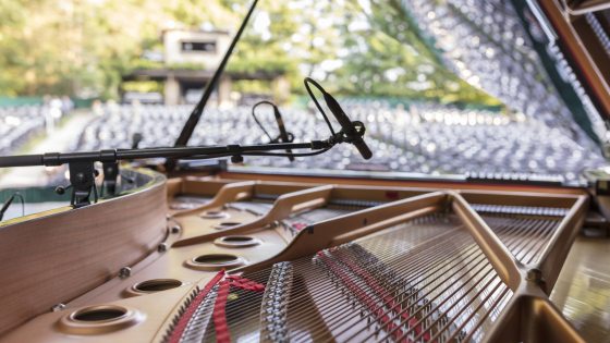Closeup of the inside of an open piano on an outdoor stage, showing piano strings, with the highly polished interior lid reflecting rows of audience seats in the background.
