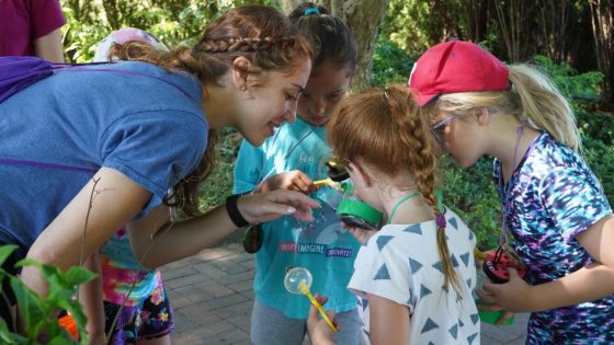 Three children and an educator hundling in a circle examining a plant.