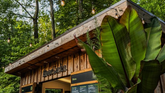 brown wooden outdoor hut with party lights and words "Beer Garden" across front