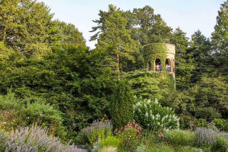 A stone Chimes tower peeks out among a large area of green trees