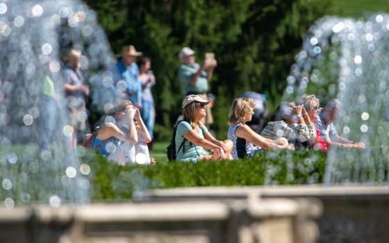 a group of people sitting on a bright green lawn behind a spray if water coming from two fountains 