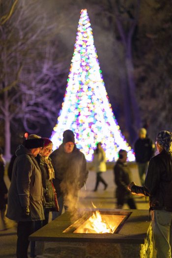 People stand around a stone fireplace in winter with a large Christmas tree light tree in the distance