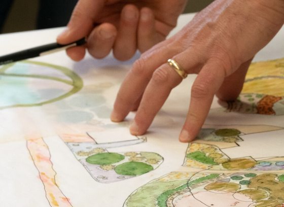 Hands on top of a landscape drawing plan.