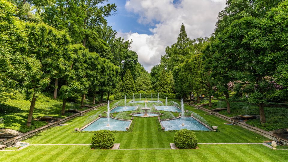 A long rectangular water garden of five pools and multiple fountains extends out in a large area surrounded by green trees under a blue sky