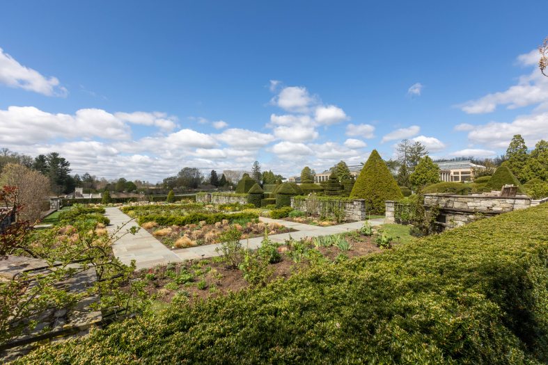 A wide shows the outdoor Rose Garden filled with green plants under a bright sun and blue sky 