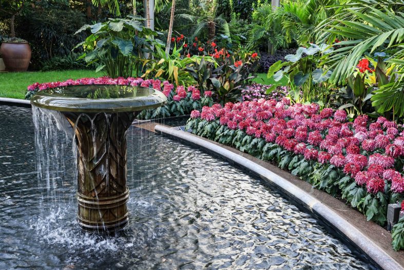 a pedestal fountain overflows into a basin edged by pinkish-red mums and backed by tropical foliage