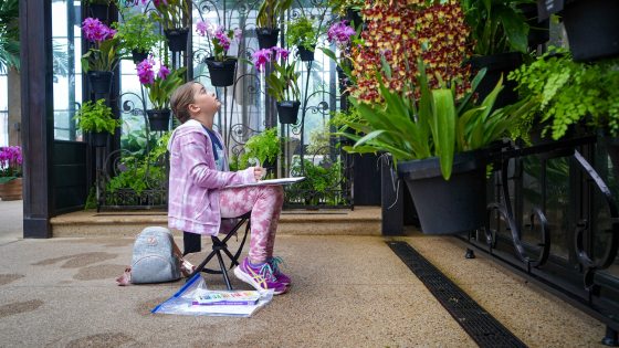 A young person sits with a sketchpad on their lap, a set of oil pastels on the floor beside them, looking up at a wall filled with orchids.