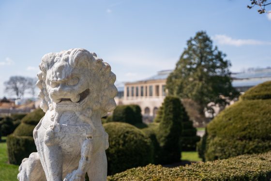 a statue of a foo dog in front of topiary trees