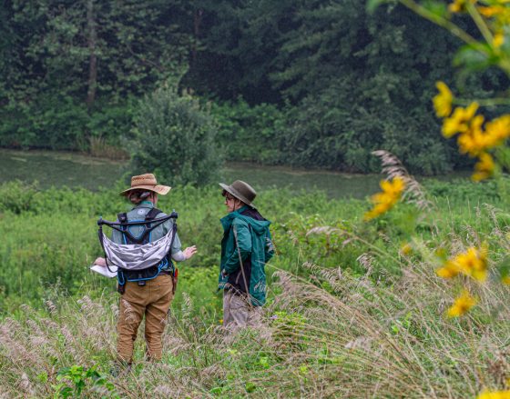 Two people in green jackets with sun hats look out into a grassy field on the edge of a forest. 