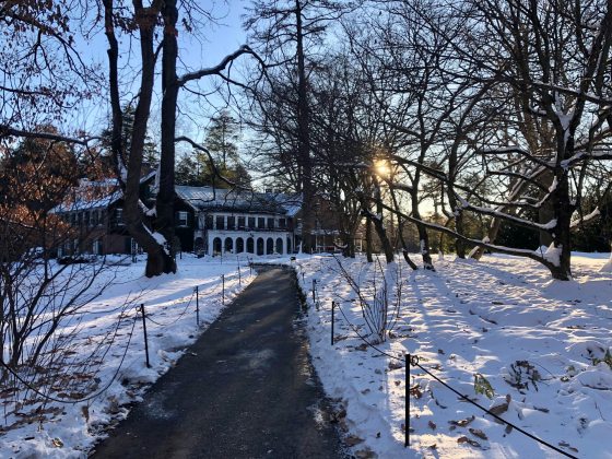 A freshly fallen snow with a paved path leading toward a large house in the distance.