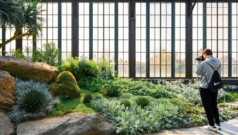 A person inside a conservatory taking photos of plants. 