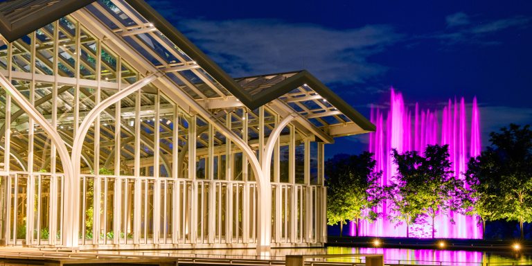 Night image of brightly lit glass house against a dark blue sky, with pink fountains in the right background, which reflect in a pool outside the Conservatory.