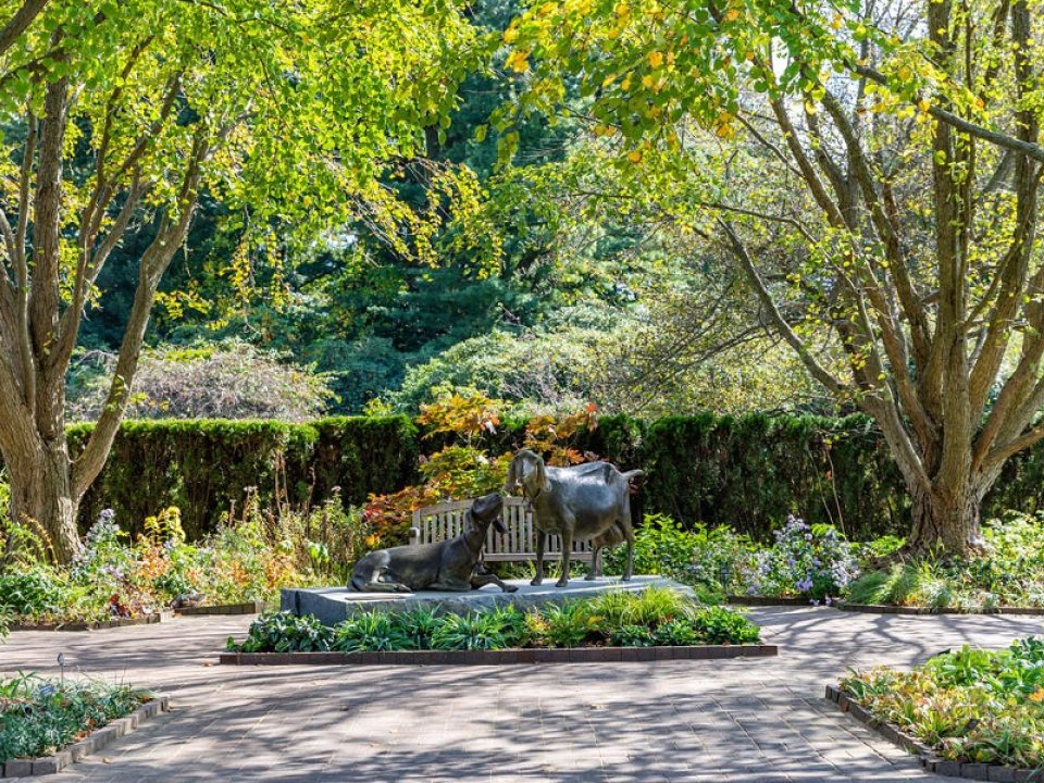 a bronze statue of two goats surrounded by greenery and trees 