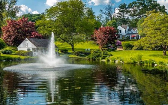 image of a B&B alongside a pond with fountain