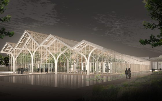 rendering of a glass conservatory at night appearing to float on water