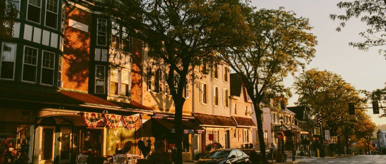 downtown street at sunset