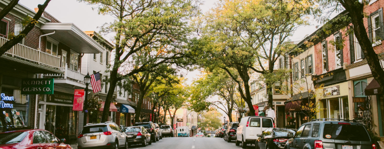 view of a downtown street from the middle of the street