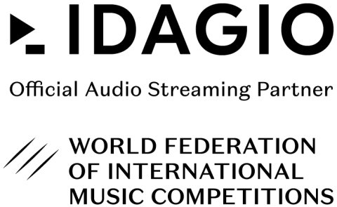 graphic of black triangular arrow and rectangle followed by text "IDAGIO Official Audio Streaming Partner"; 3 black diagonal lines followed by text "World Federation of International Music Competitions"